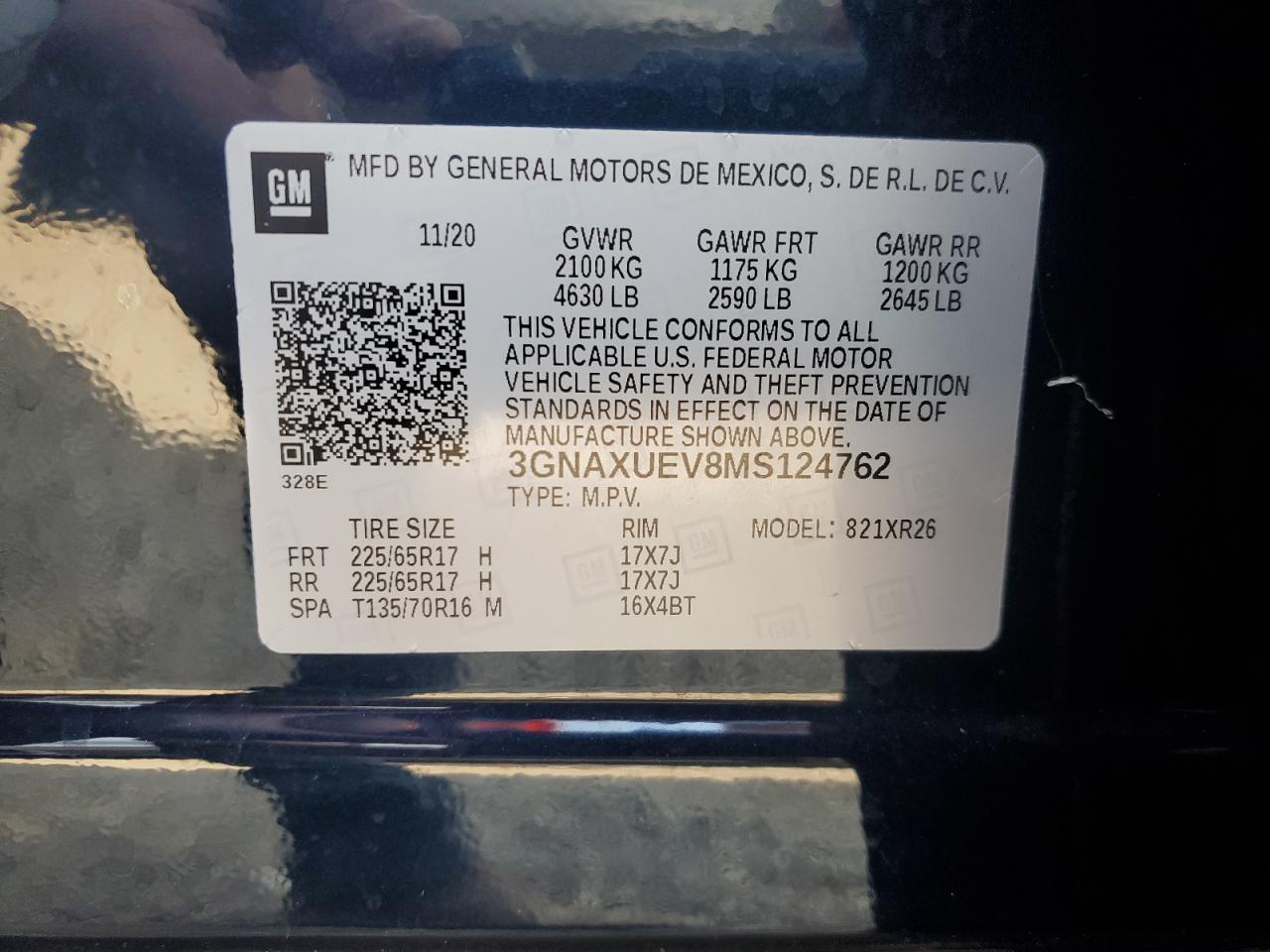 2021 Chevrolet Equinox Lt VIN: 3GNAXUEV8MS124762 Lot: 81710325