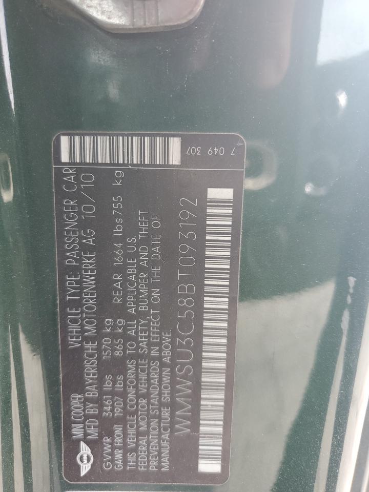 2011 Mini Cooper VIN: WMWSU3C58BT093192 Lot: 84212825