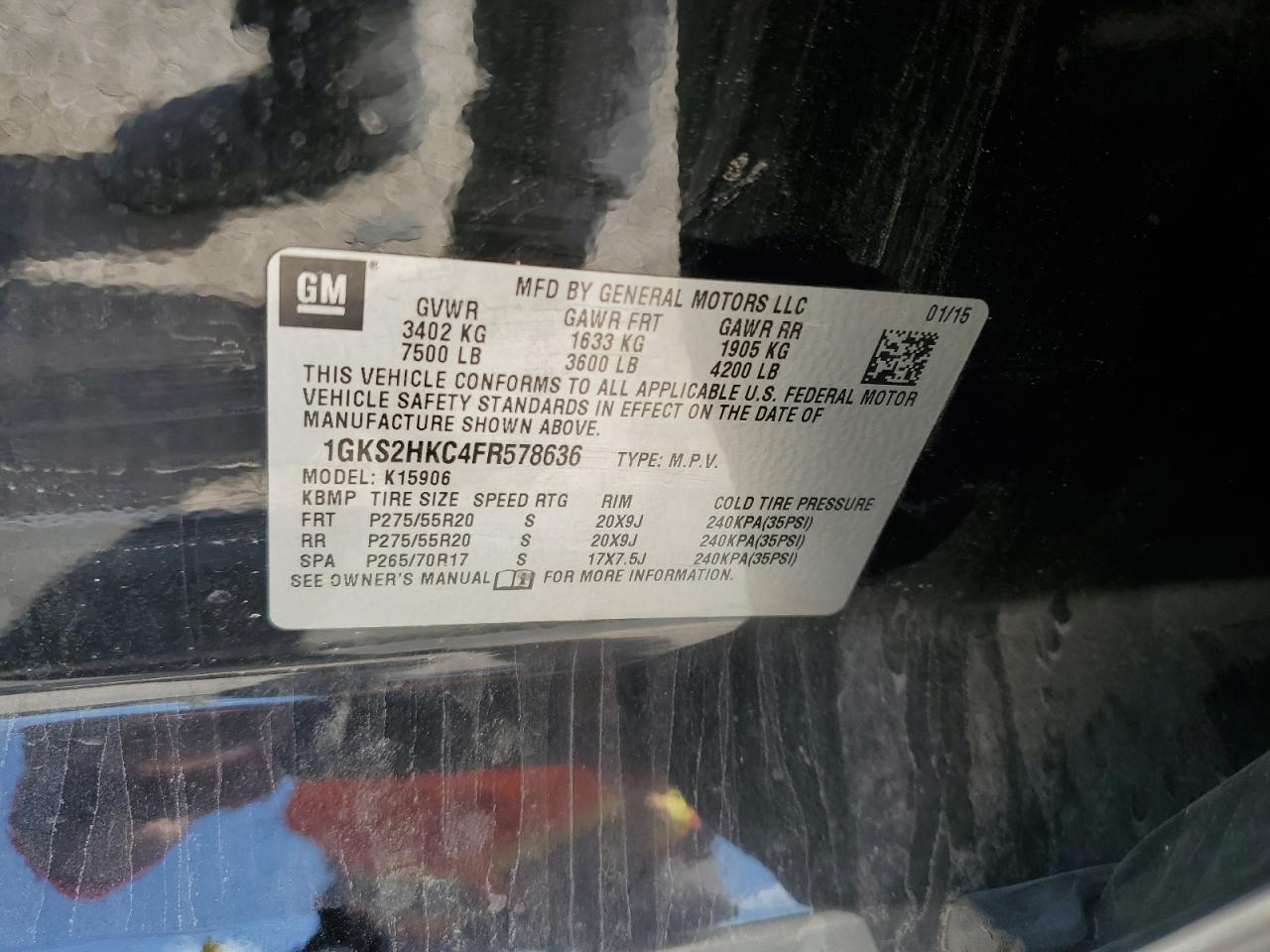 2015 GMC Yukon Xl K1500 Slt VIN: 1GKS2HKC4FR578636 Lot: 80061425