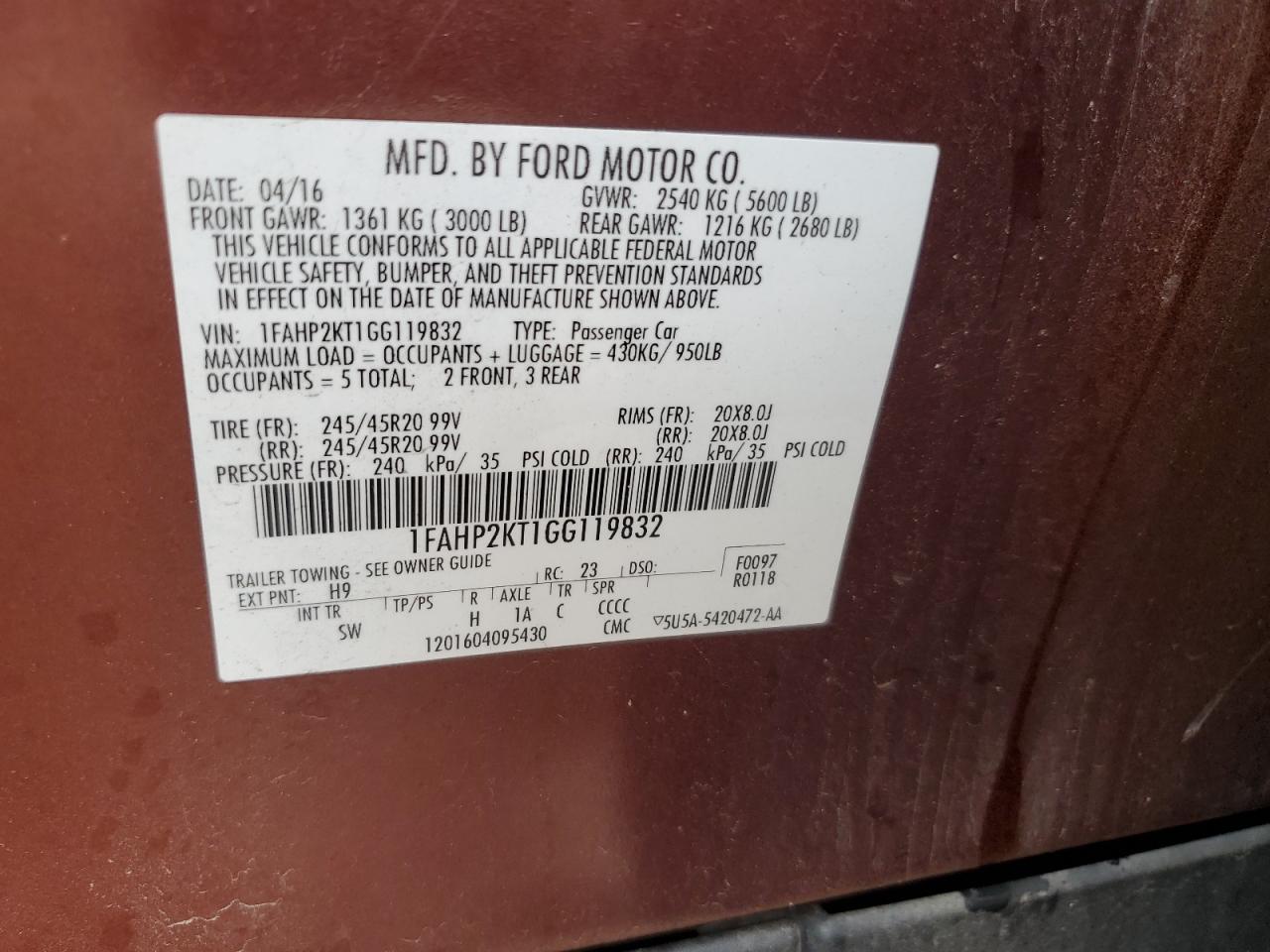 2016 Ford Taurus Sho VIN: 1FAHP2KT1GG119832 Lot: 80216725