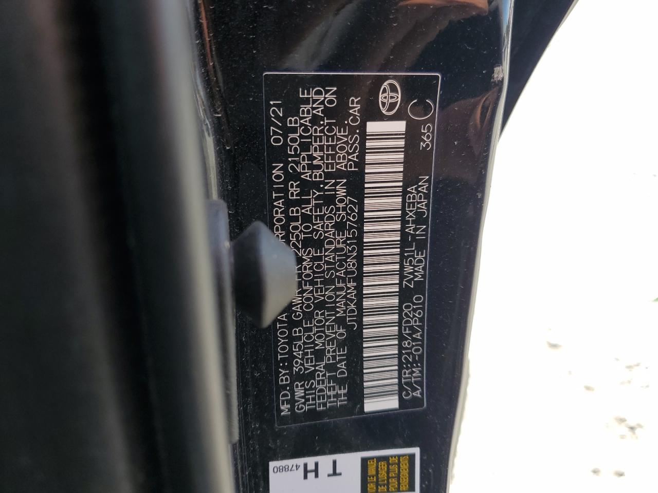 2022 Toyota Prius Night Shade VIN: JTDKAMFU8N3157627 Lot: 71448075