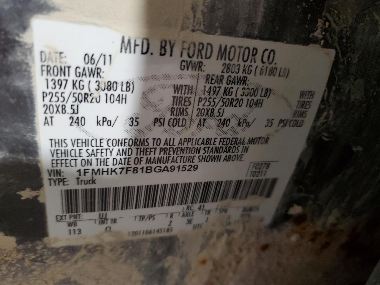 2011 Ford Explorer Limited VIN: 1FMHK7F81BGA91529 Lot: 84212595