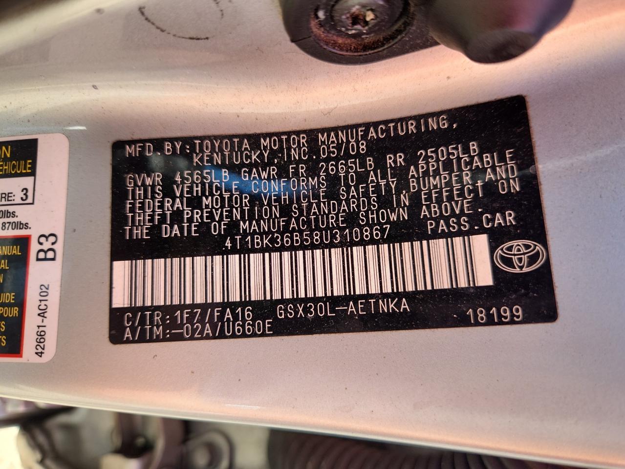 2008 Toyota Avalon Xl VIN: 4T1BK36B58U310867 Lot: 66690125