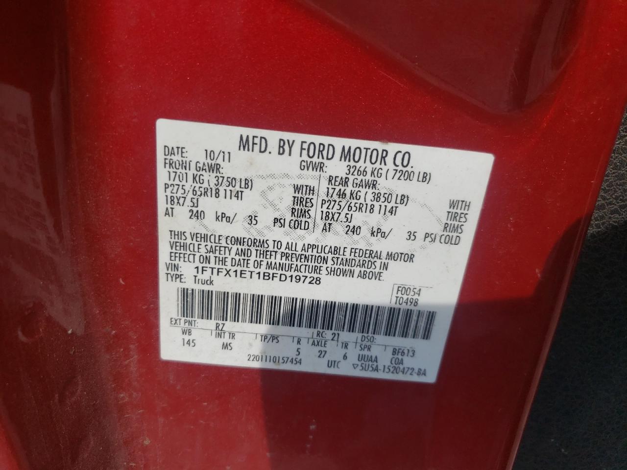 2011 Ford F150 Super Cab VIN: 1FTFX1ET1BFD19728 Lot: 81800555