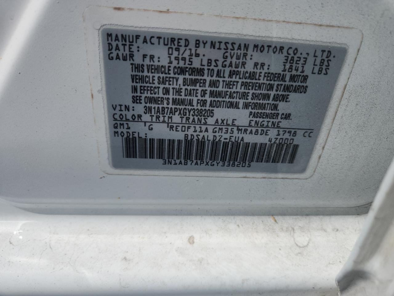 2016 Nissan Sentra S VIN: 3N1AB7APXGY338205 Lot: 84808055