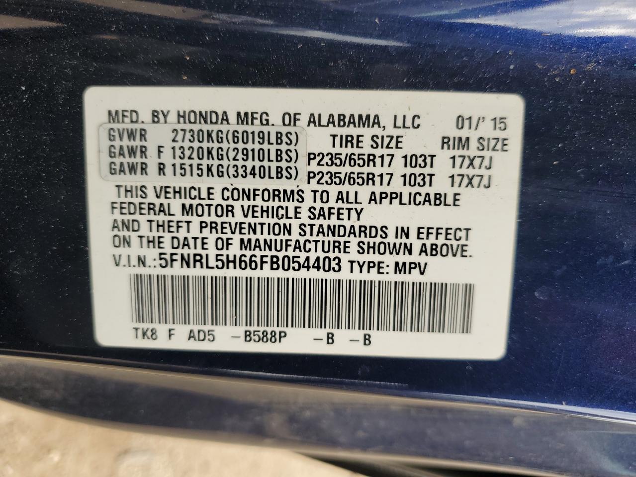 2015 Honda Odyssey Exl VIN: 5FNRL5H66FB054403 Lot: 81524625