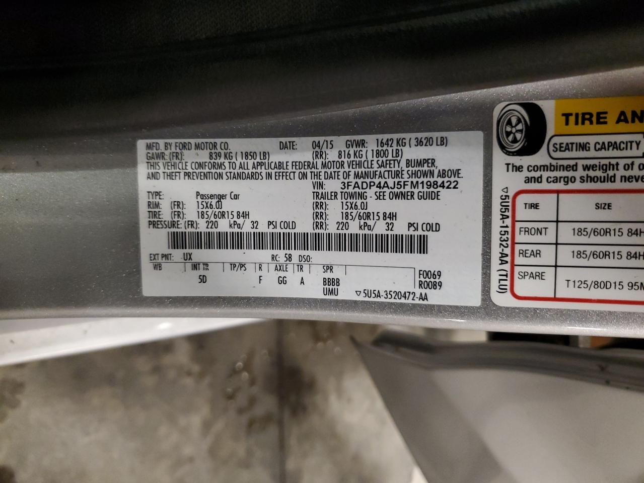 2015 Ford Fiesta S VIN: 3FADP4AJ5FM198422 Lot: 80954575