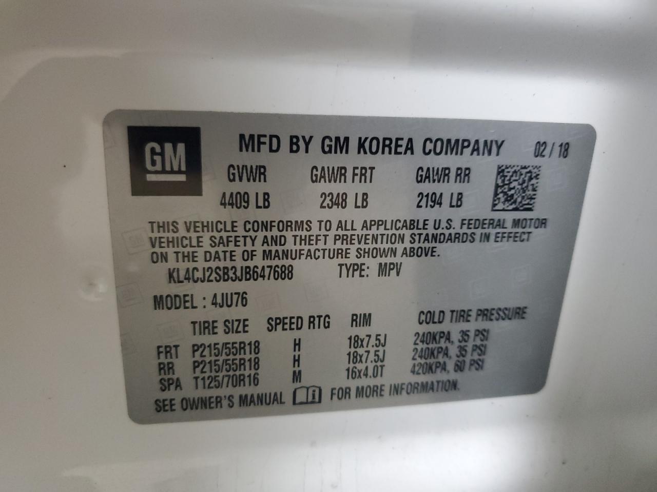 2018 Buick Encore Sport Touring VIN: KL4CJ2SB3JB647688 Lot: 82042415