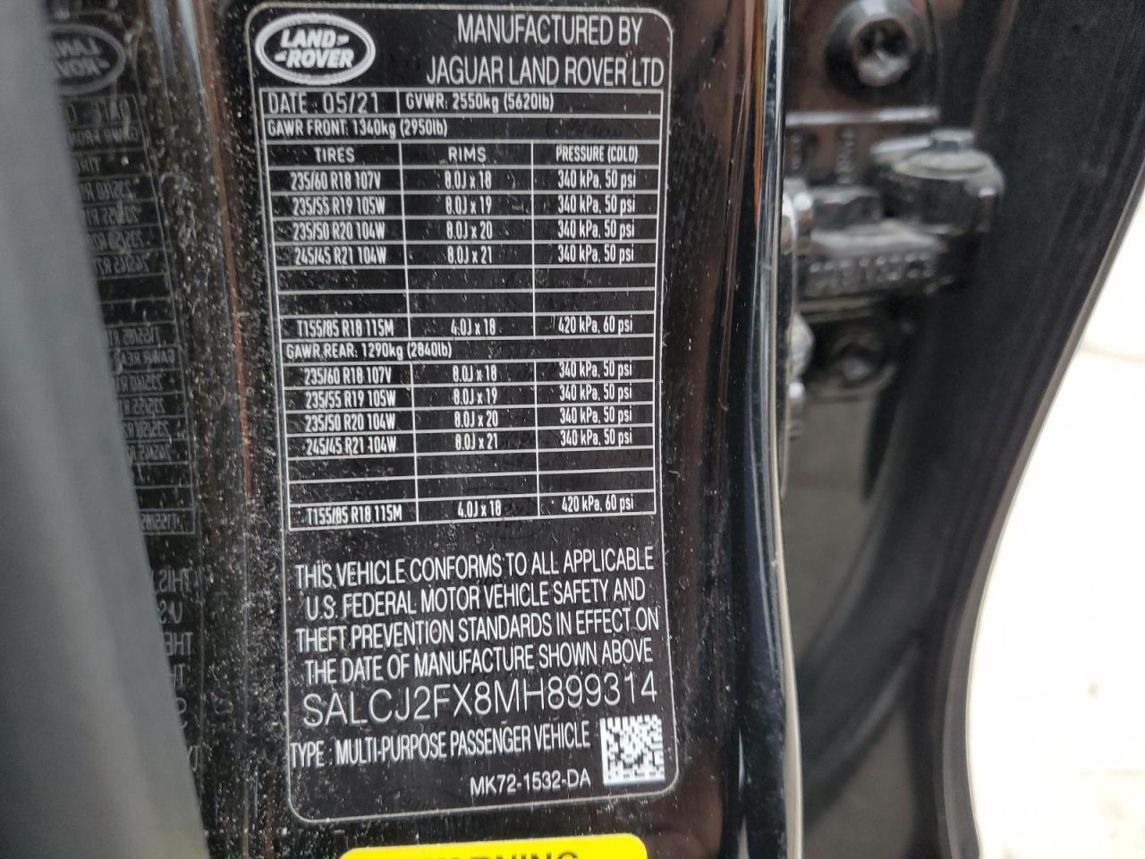 2021 Land Rover Discovery Sport S VIN: SALCJ2FX8MH899314 Lot: 71671295