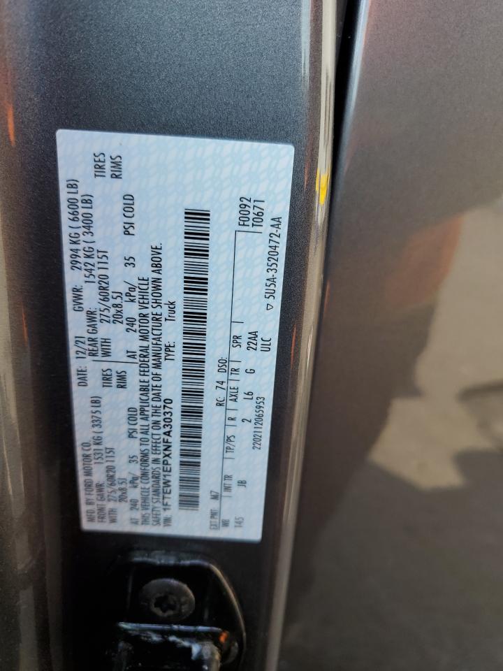 2022 Ford F150 Supercrew VIN: 1FTEW1EPXNFA30370 Lot: 80692065