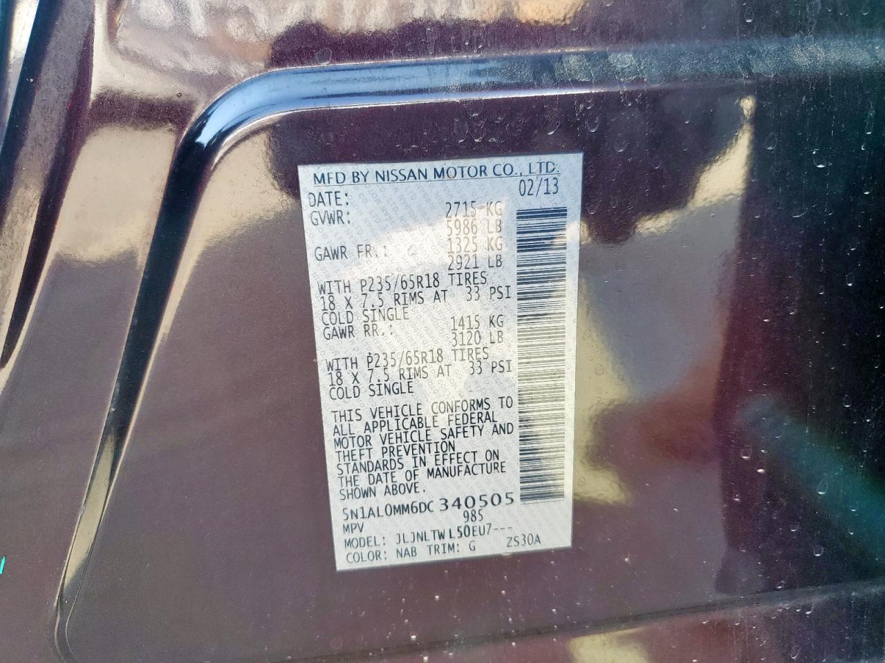 2013 Infiniti Jx35 VIN: 5N1AL0MM6DC340505 Lot: 71911625