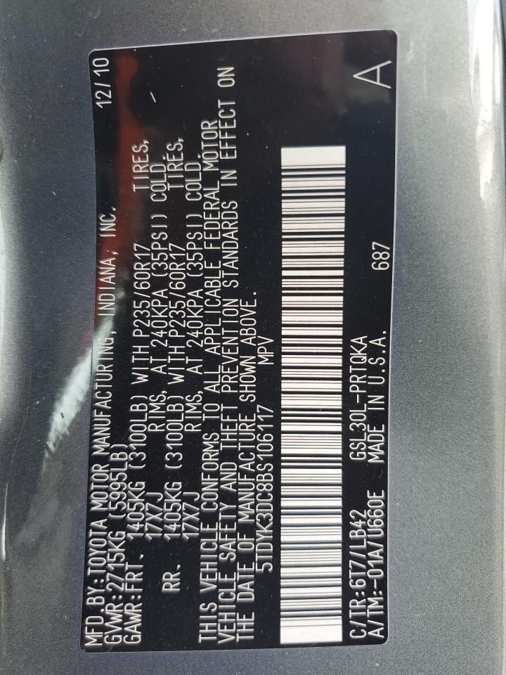 2011 Toyota Sienna Xle VIN: 5TDYK3DC8BS106117 Lot: 83887265