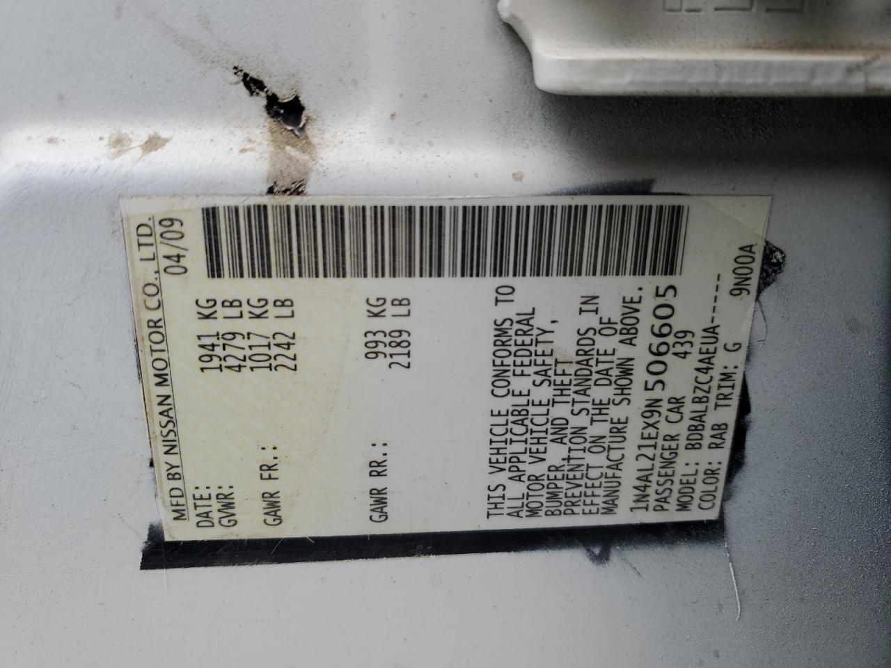 2009 Nissan Altima 2.5 VIN: 1N4AL21EX9N506605 Lot: 84246165