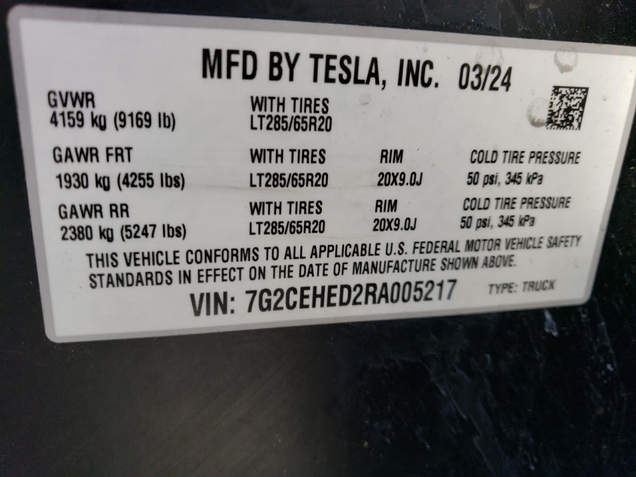 2024 Tesla Cybertruck VIN: 7G2CEHED2RA005217 Lot: 71199845