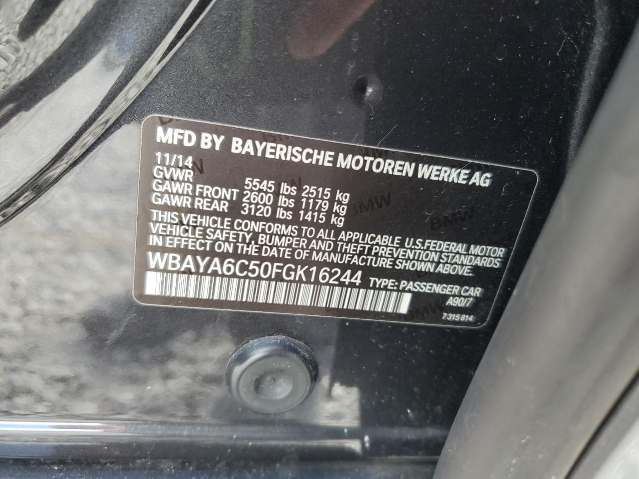 2015 BMW 740 I VIN: WBAYA6C50FGK16244 Lot: 84005165