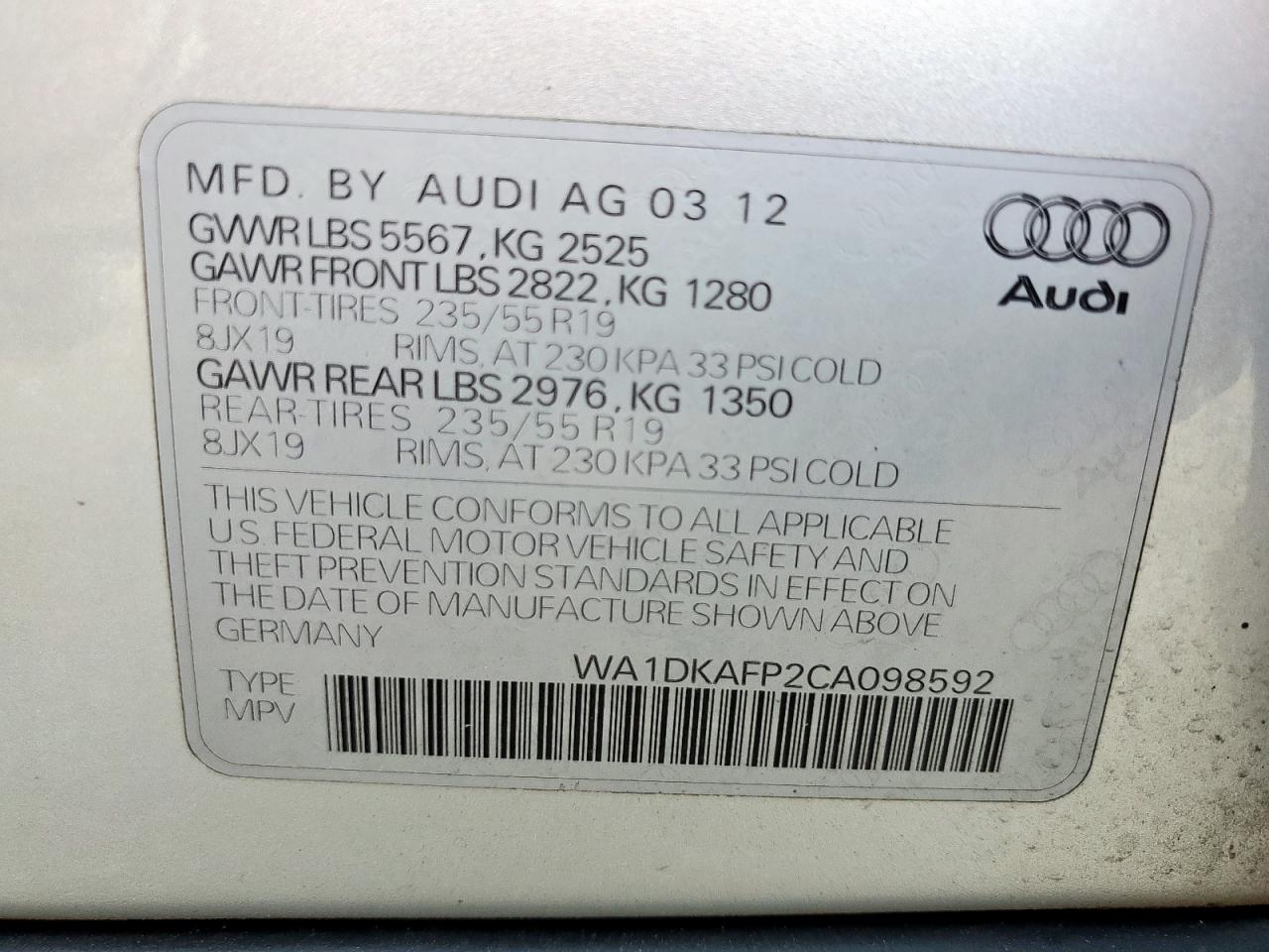 2012 Audi Q5 Premium Plus VIN: WA1DKAFP2CA098592 Lot: 81146955