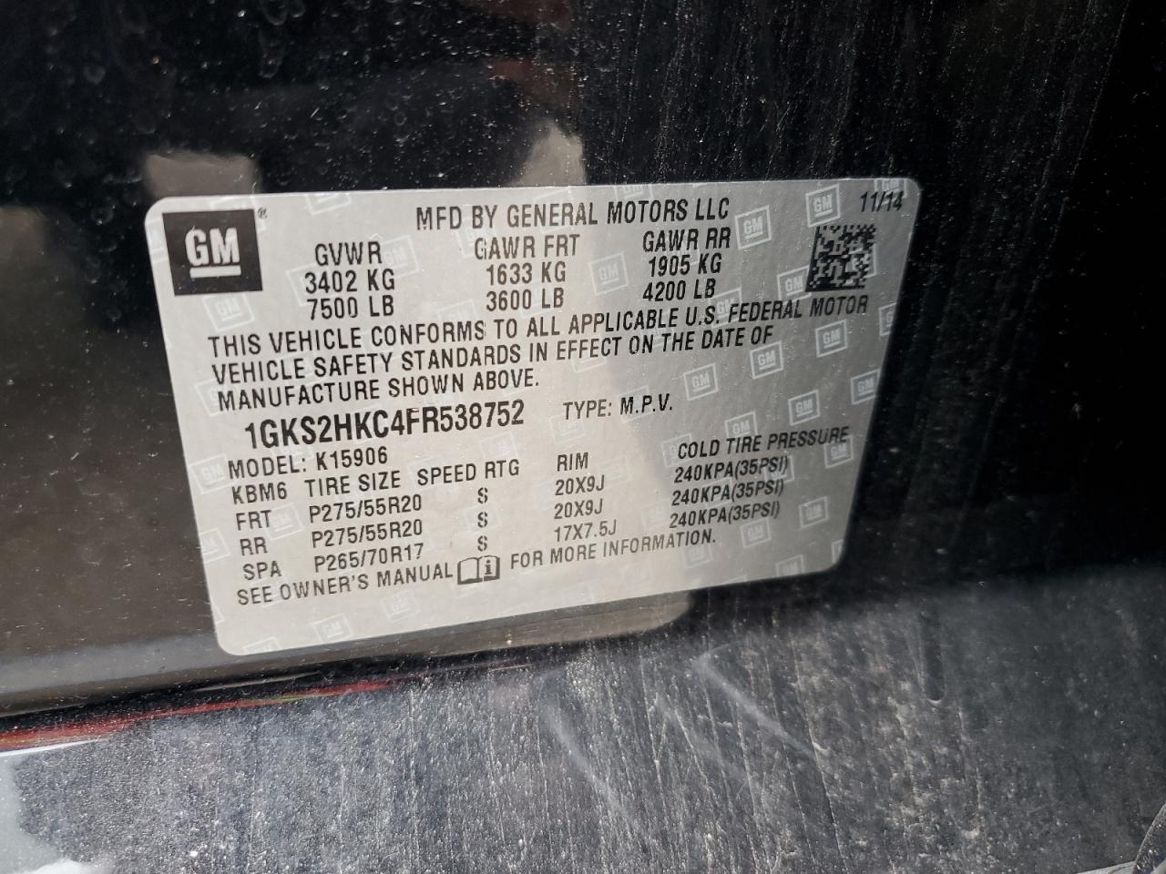 2015 GMC Yukon Xl K1500 Slt VIN: 1GKS2HKC4FR538752 Lot: 80433075