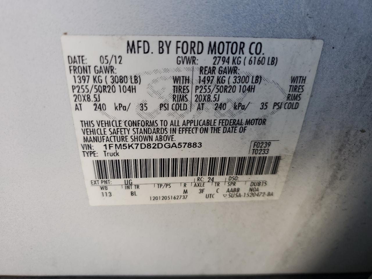 2013 Ford Explorer Xlt VIN: 1FM5K7D82DGA57883 Lot: 80167875