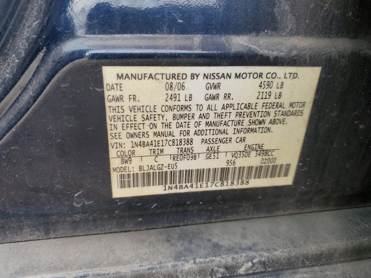 2007 Nissan Maxima Se VIN: 1N4BA41E17C818388 Lot: 71888895
