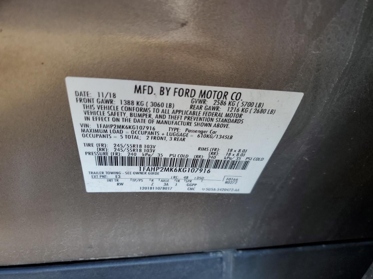 2019 Ford Taurus Police Interceptor VIN: 1FAHP2MK6KG107916 Lot: 84413755