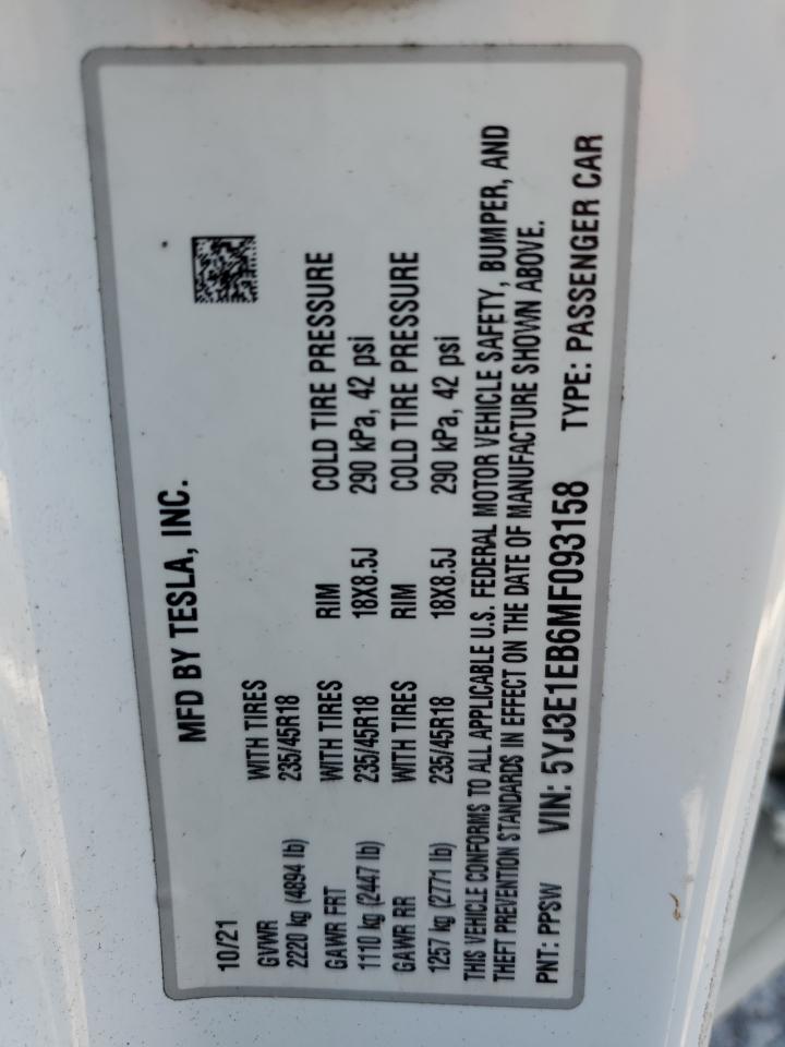 2021 Tesla Model 3 VIN: 5YJ3E1EB6MF093158 Lot: 80568585