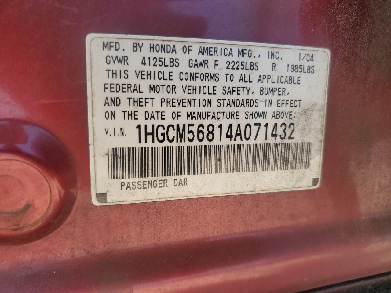 2004 Honda Accord Ex VIN: 1HGCM56814A071432 Lot: 71079175