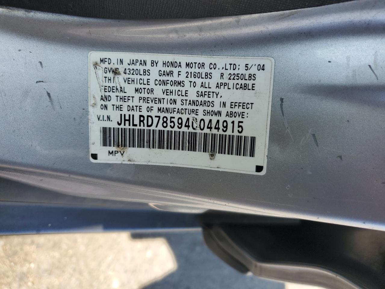 2004 Honda Cr-V Lx VIN: JHLRD78594C044915 Lot: 81968545