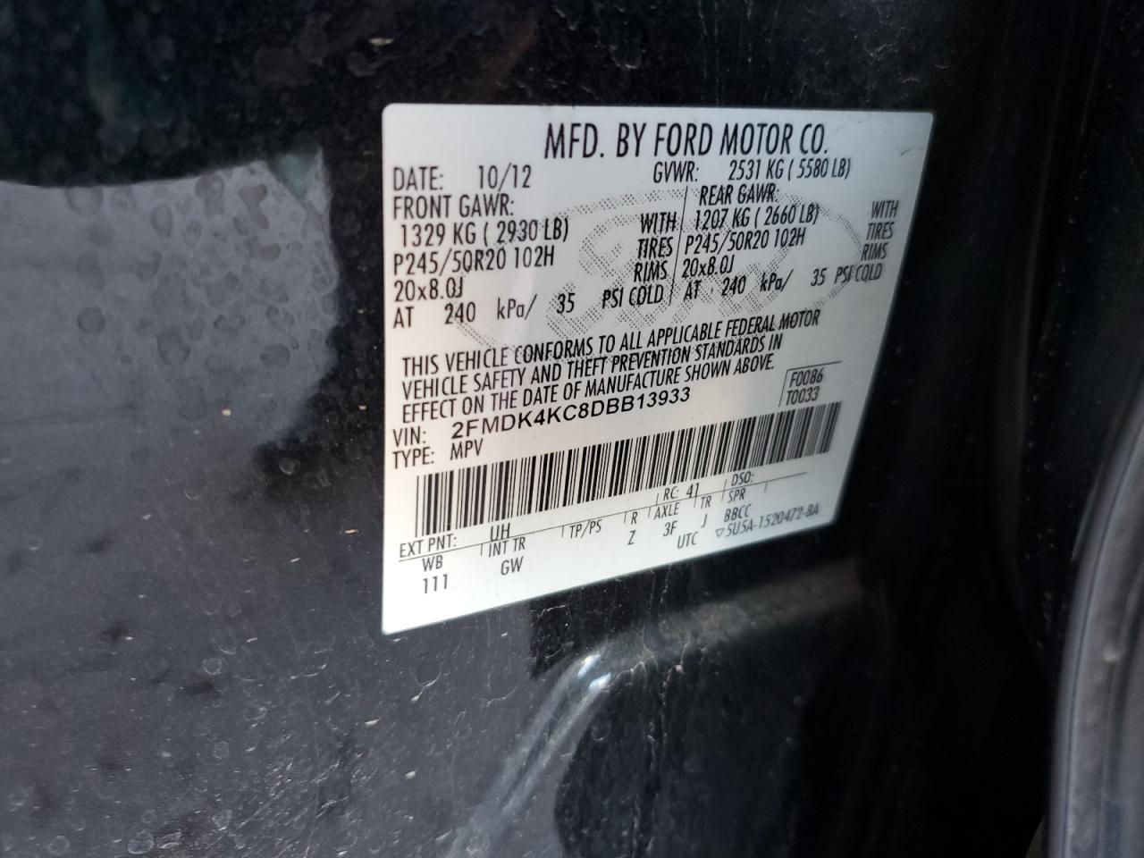 2013 Ford Edge Limited VIN: 2FMDK4KC8DBB13933 Lot: 80190845