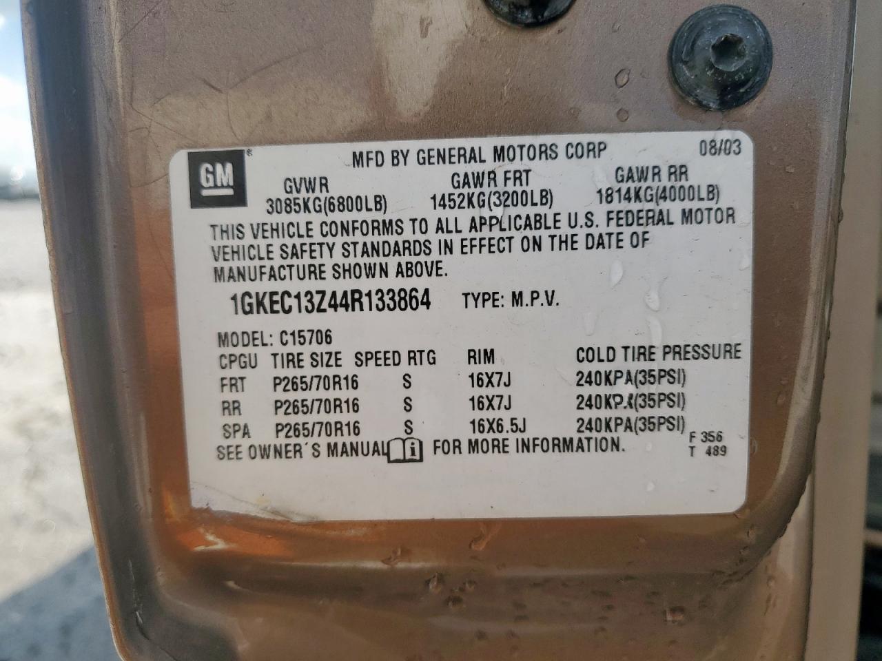 2004 GMC Yukon VIN: 1GKEC13Z44R133864 Lot: 83972345