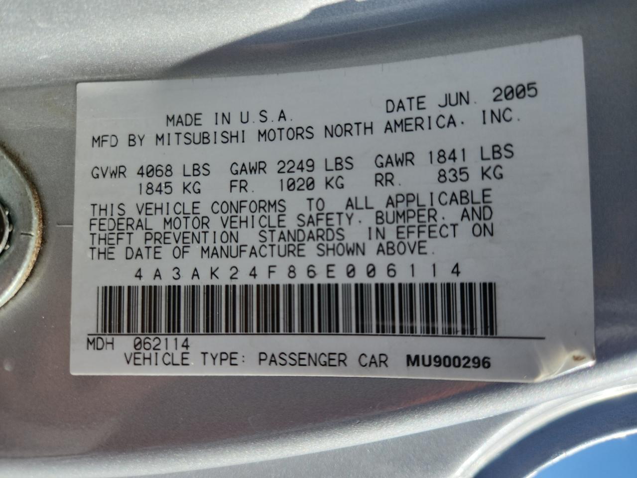 2006 Mitsubishi Eclipse Gs VIN: 4A3AK24F86E006114 Lot: 72053125
