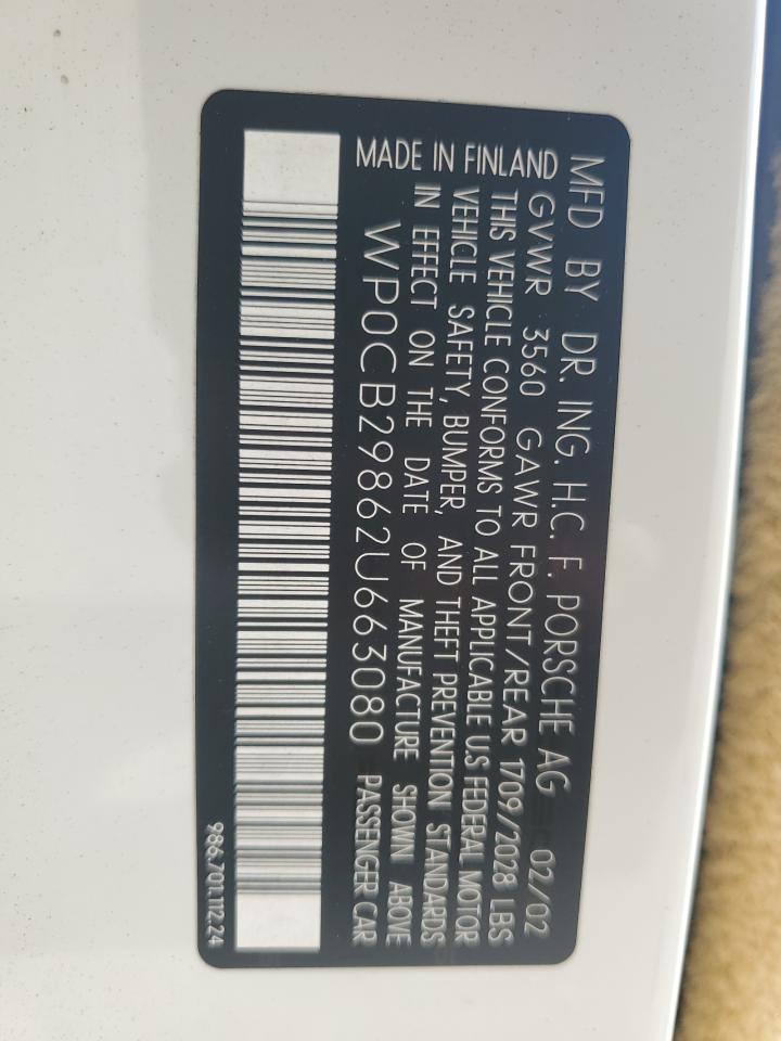 2002 Porsche Boxster S VIN: WP0CB29862U663080 Lot: 71510505