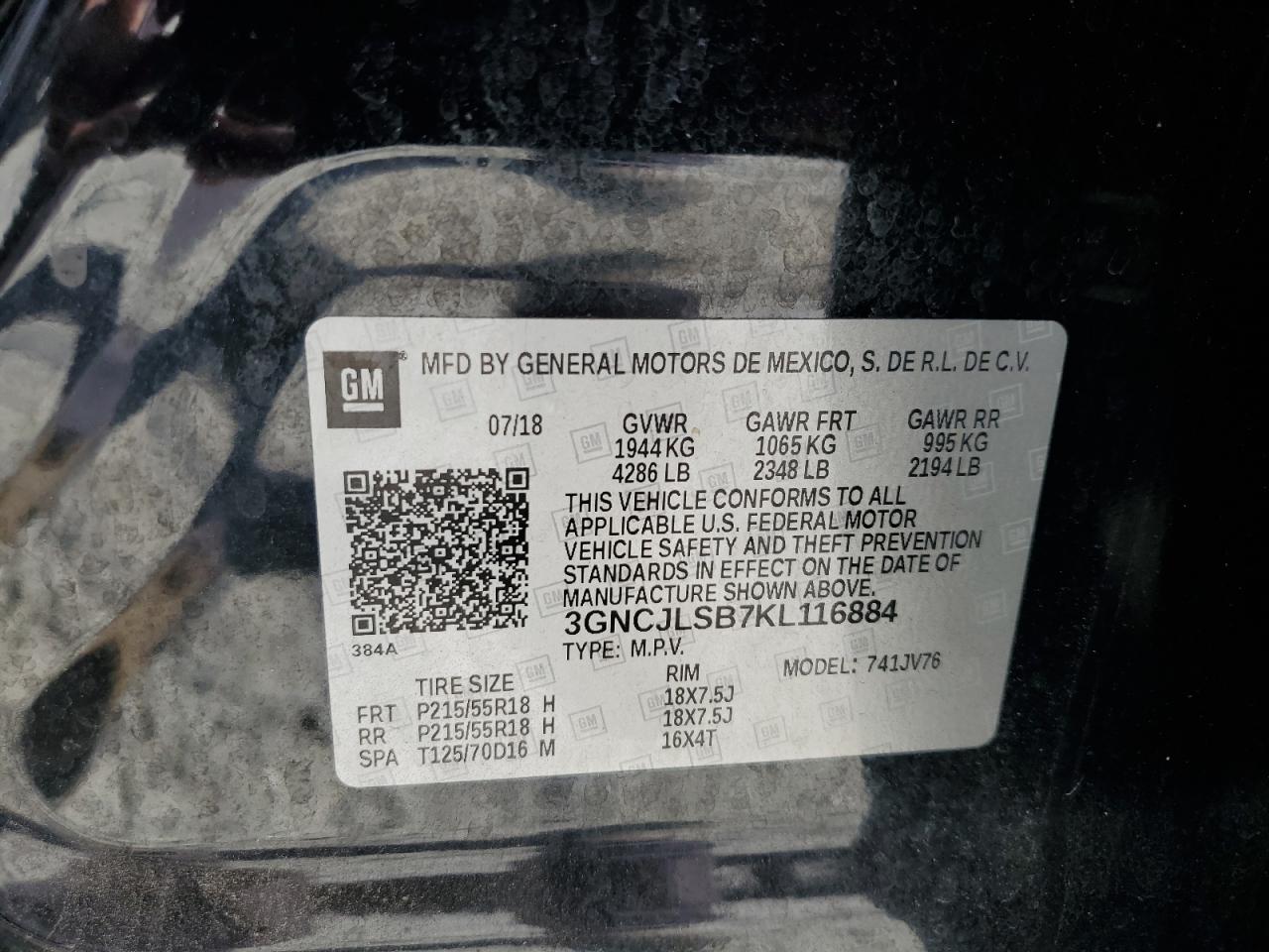 2019 Chevrolet Trax 1Lt VIN: 3GNCJLSB7KL116884 Lot: 80578915