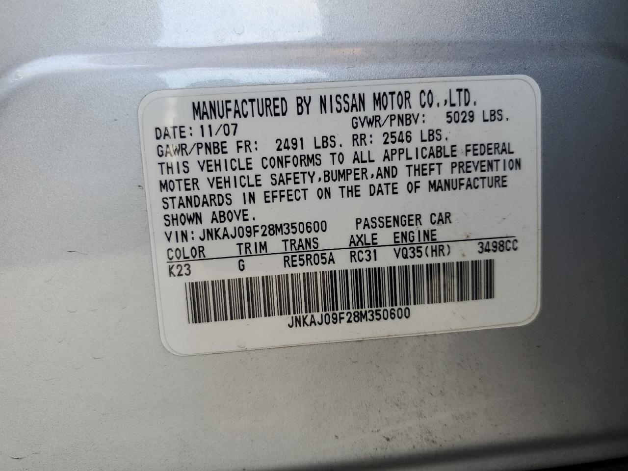 2008 Infiniti Ex35 Base VIN: JNKAJ09F28M350600 Lot: 71402935