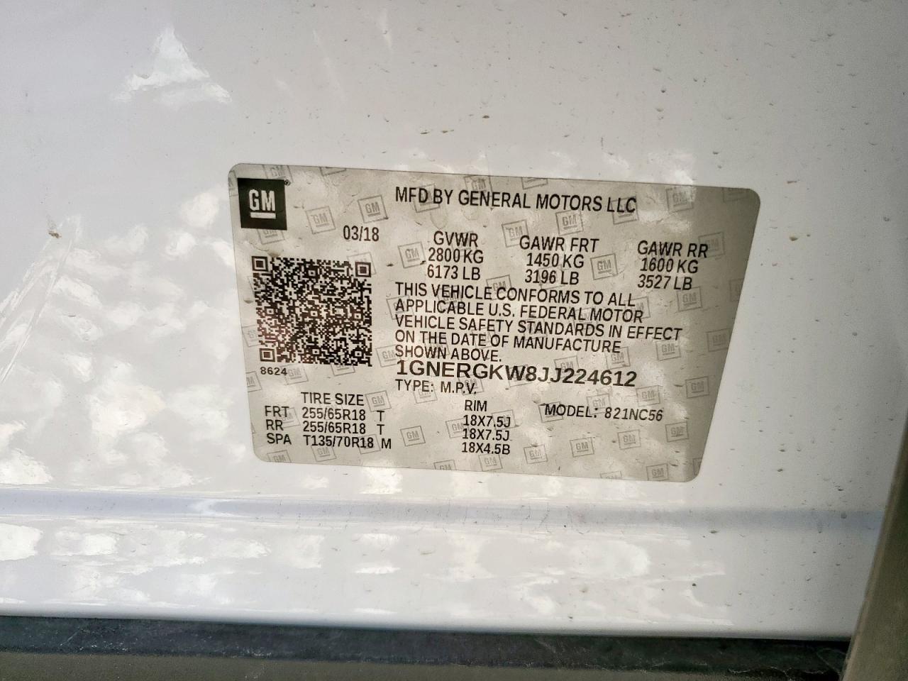 2018 Chevrolet Traverse Lt VIN: 1GNERGKW8JJ224612 Lot: 80110085