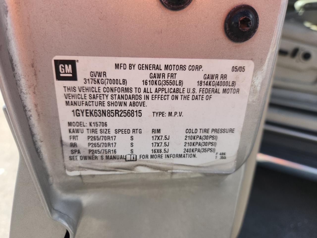 2005 Cadillac Escalade Luxury VIN: 1GYEK63N85R256815 Lot: 72035565