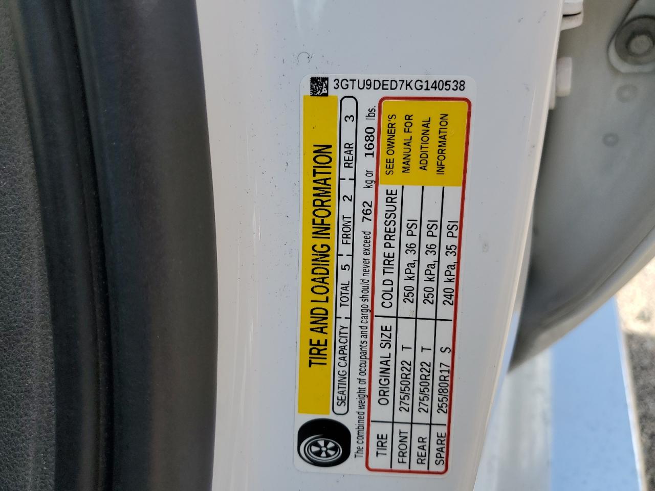2019 GMC Sierra K1500 Slt VIN: 3GTU9DED7KG140538 Lot: 80383435