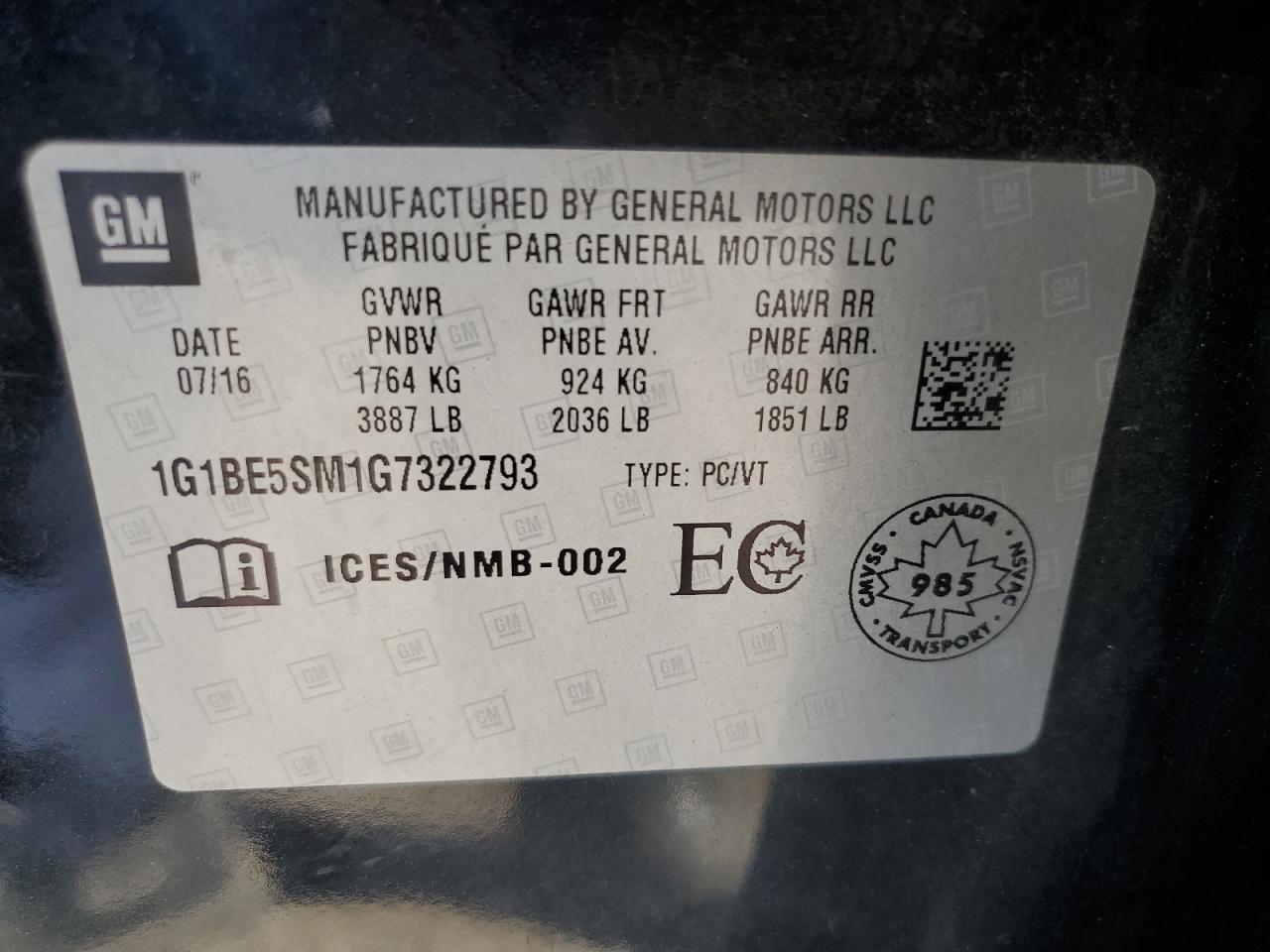 2016 Chevrolet Cruze Lt VIN: 1G1BE5SM1G7322793 Lot: 71151695