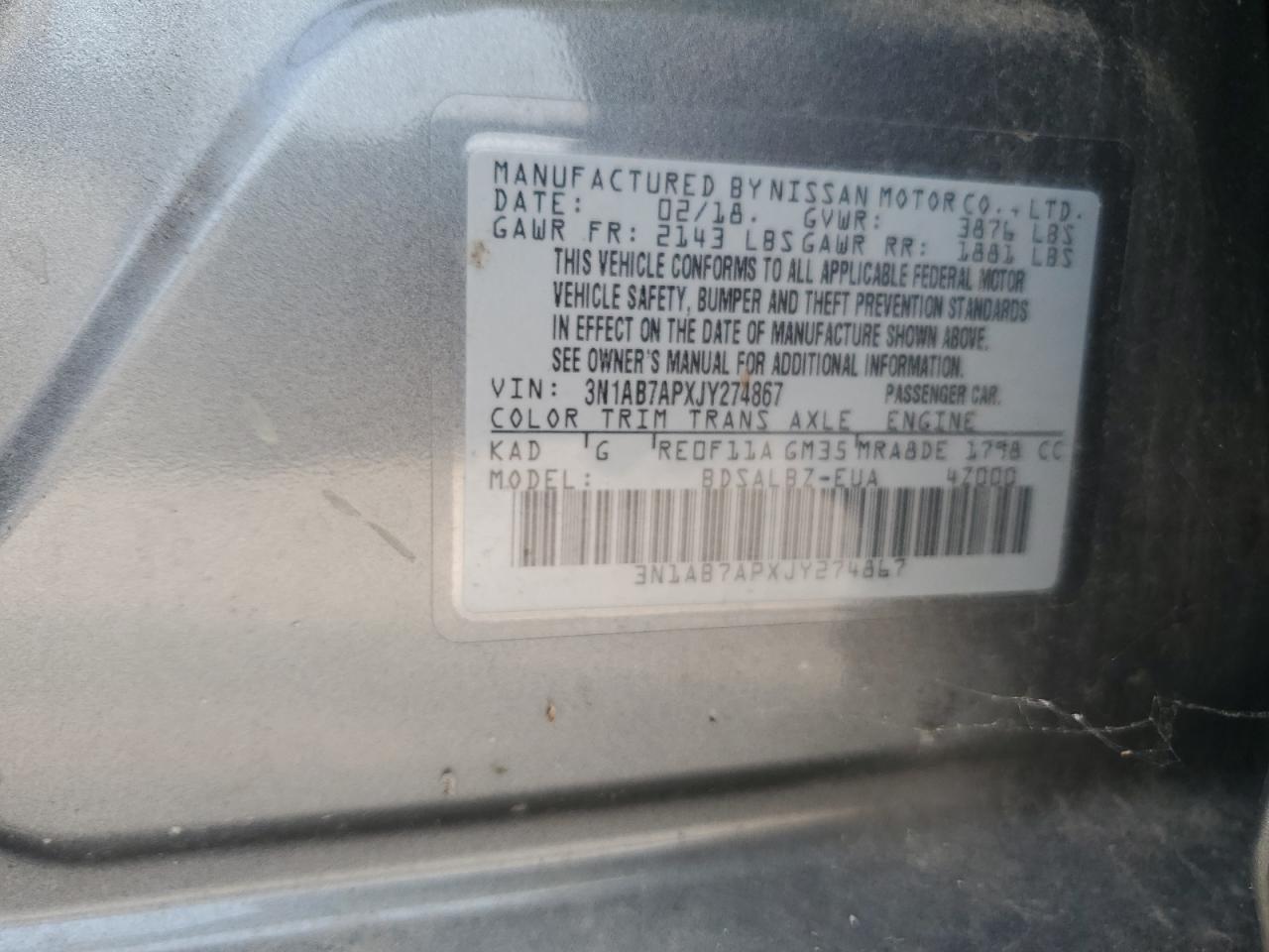 2018 Nissan Sentra S VIN: 3N1AB7APXJY274867 Lot: 71621625