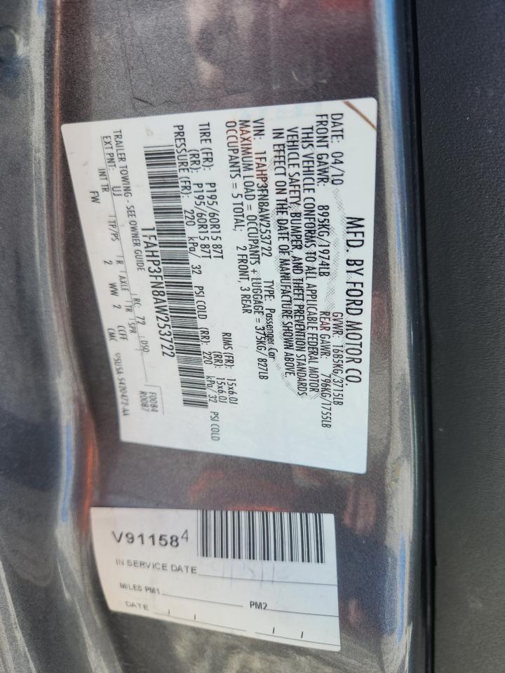 2010 Ford Focus Se VIN: 1FAHP3FN8AW253722 Lot: 84286305