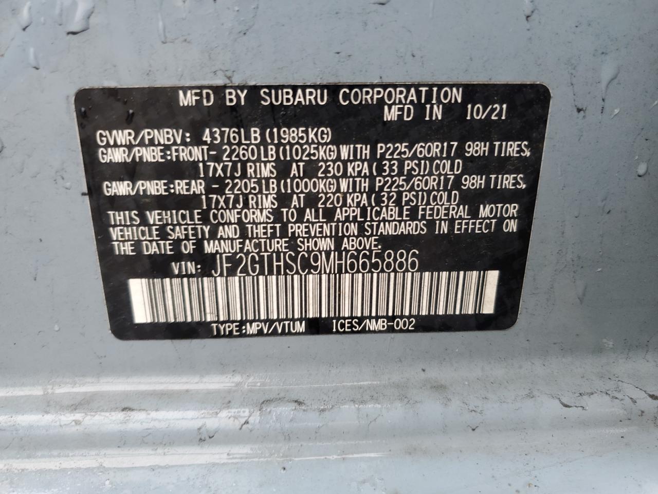 2021 Subaru Crosstrek Sport VIN: JF2GTHSC9MH665886 Lot: 81064065