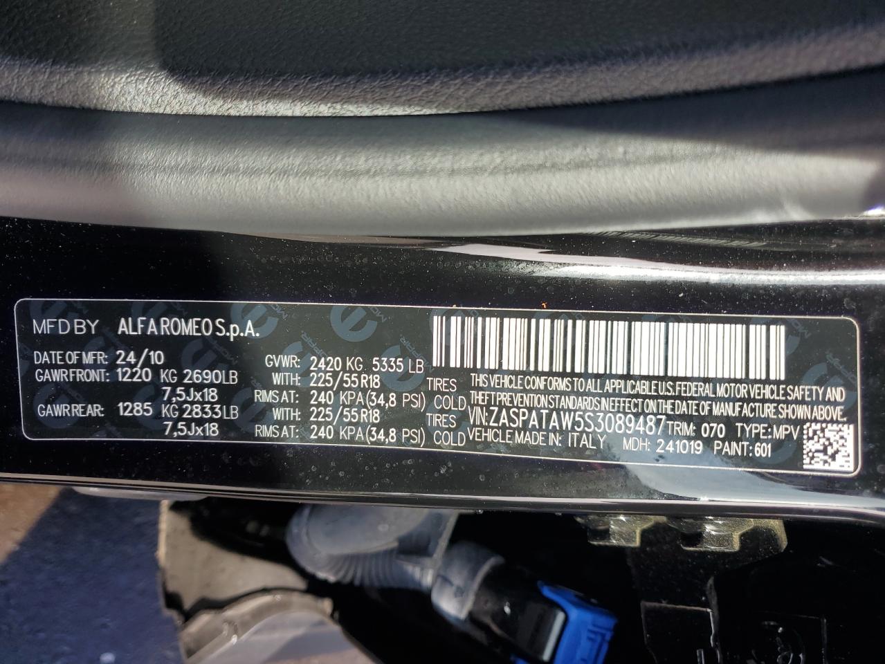 2025 Alfa Romeo Tonale Base VIN: ZASPATAW5S3089487 Lot: 71438145