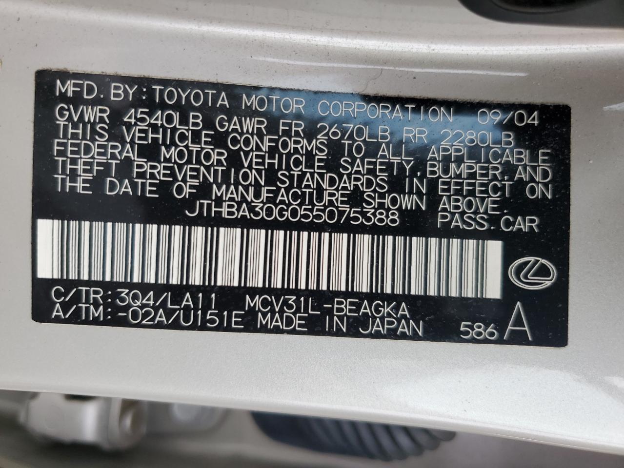 2005 Lexus Es 330 VIN: JTHBA30G055075388 Lot: 81725305