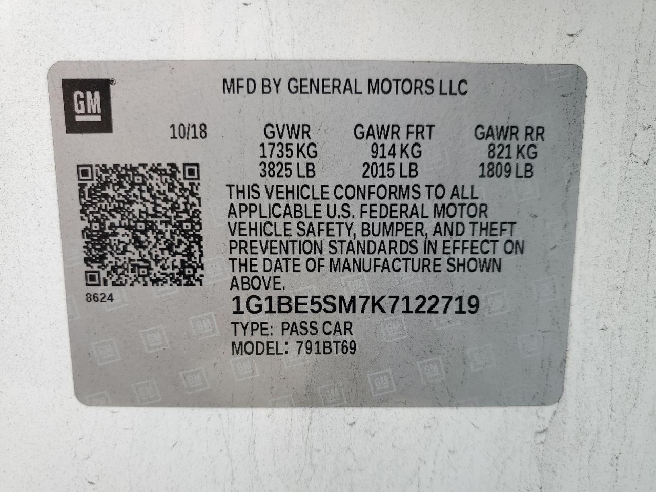 2019 Chevrolet Cruze Lt VIN: 1G1BE5SM7K7122719 Lot: 80453575