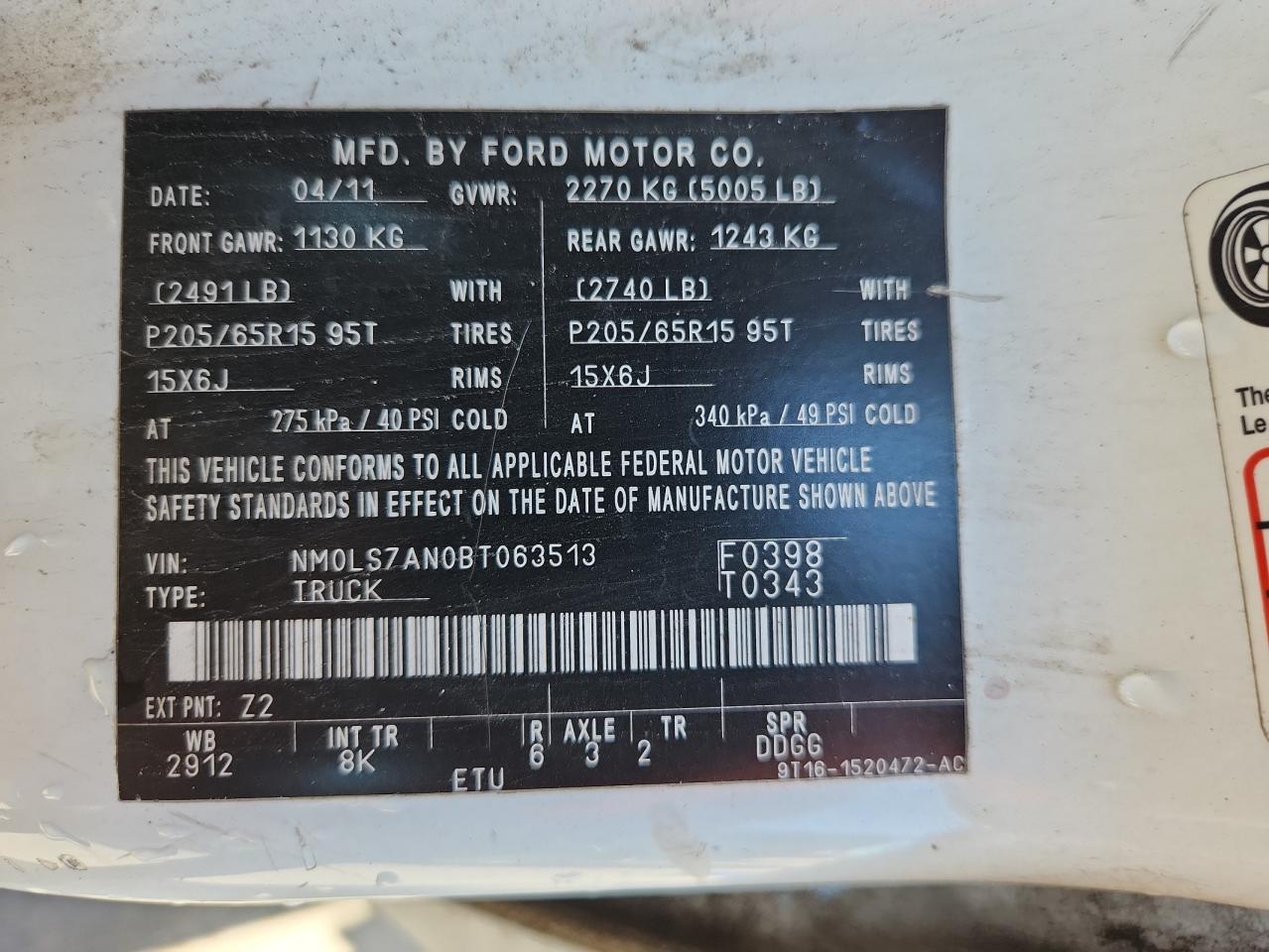 2011 Ford Transit Connect Xl VIN: NM0LS7AN0BT063513 Lot: 72090715