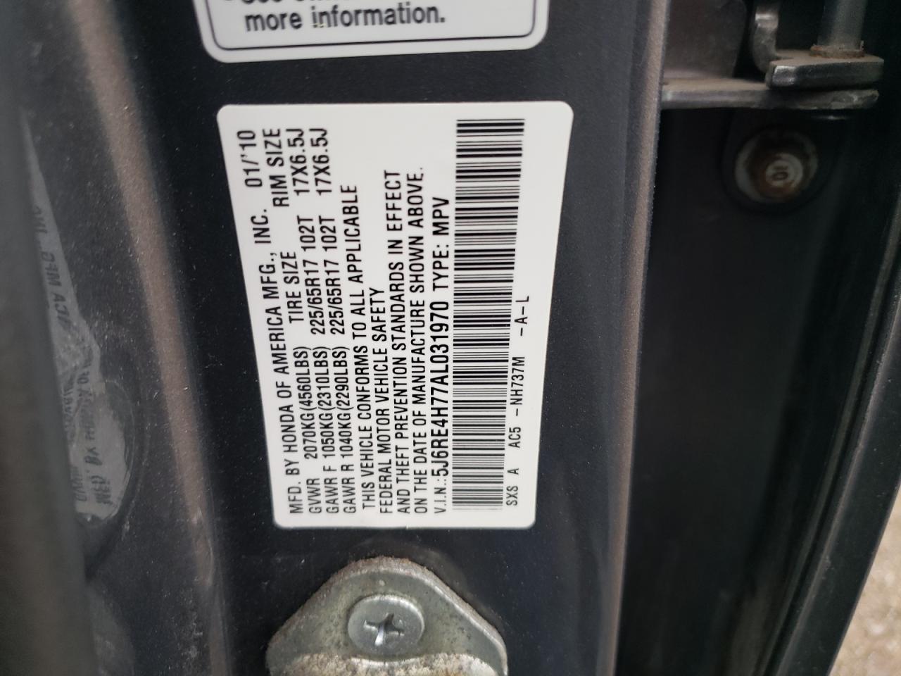 2010 Honda Cr-V Exl VIN: 5J6RE4H77AL031970 Lot: 81647785