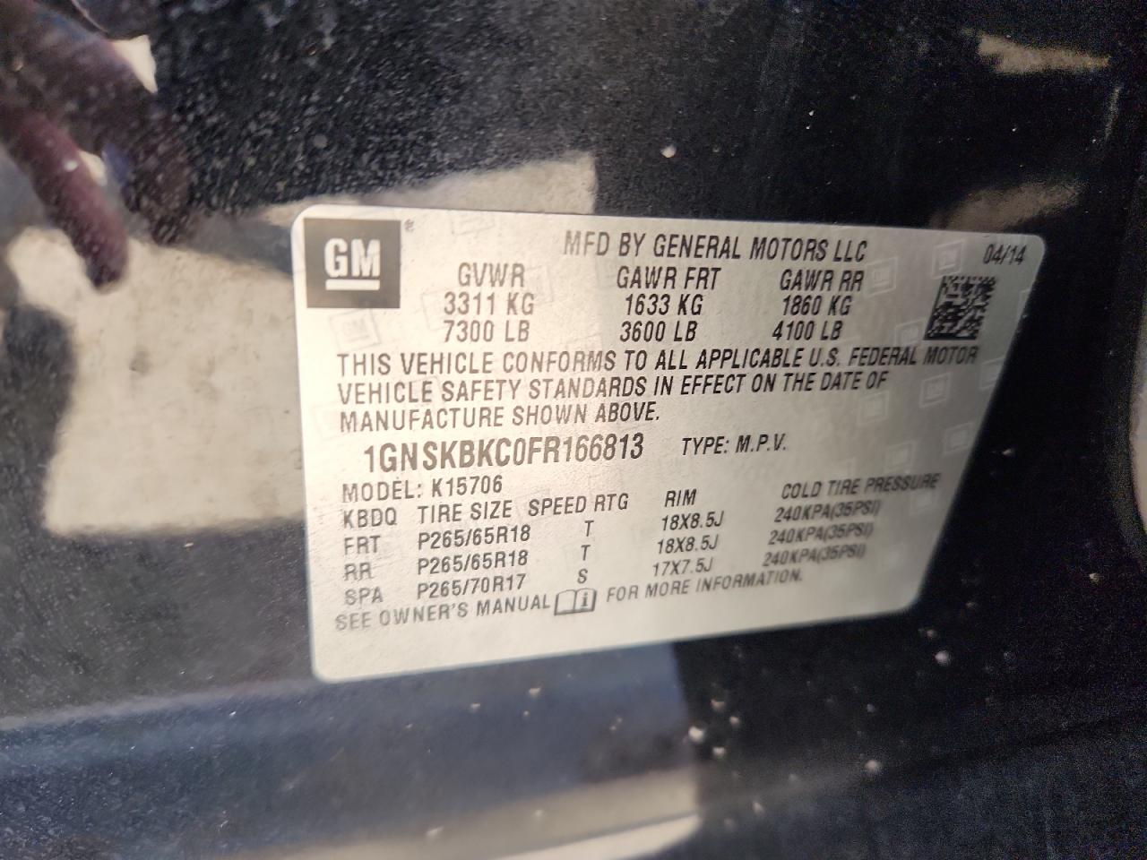 2015 Chevrolet Tahoe K1500 Lt VIN: 1GNSKBKC0FR166813 Lot: 82104075