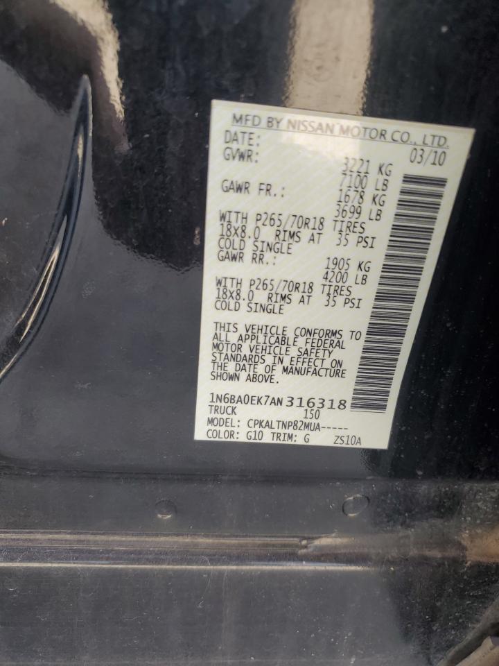 2010 Nissan Titan Xe VIN: 1N6BA0EK7AN316318 Lot: 84454575