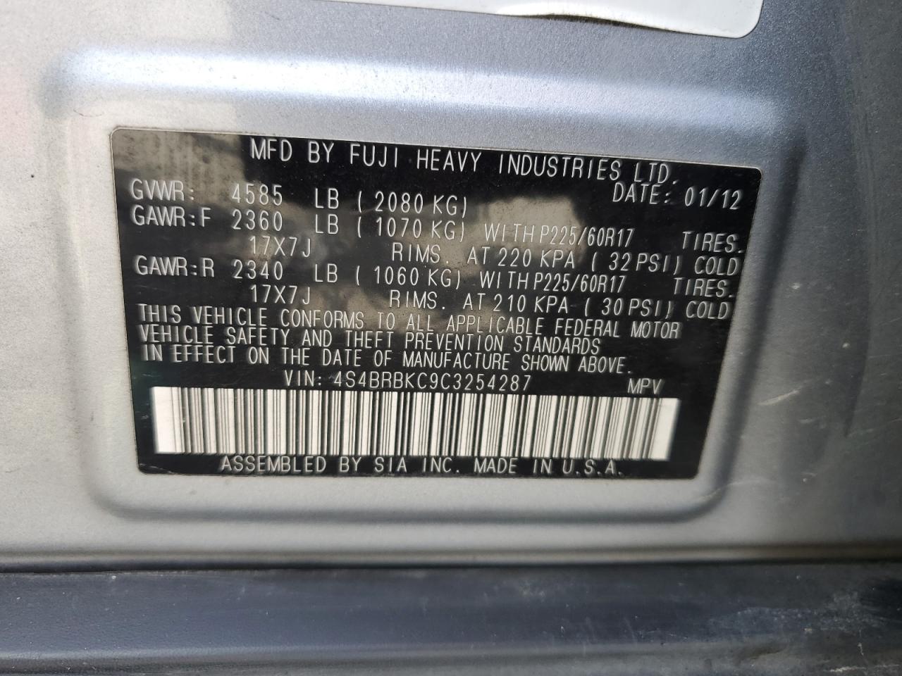 2012 Subaru Outback 2.5I Limited VIN: 4S4BRBKC9C3254287 Lot: 84050035