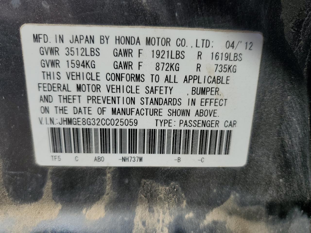 2012 Honda Fit VIN: JHMGE8G32CC025059 Lot: 71457855