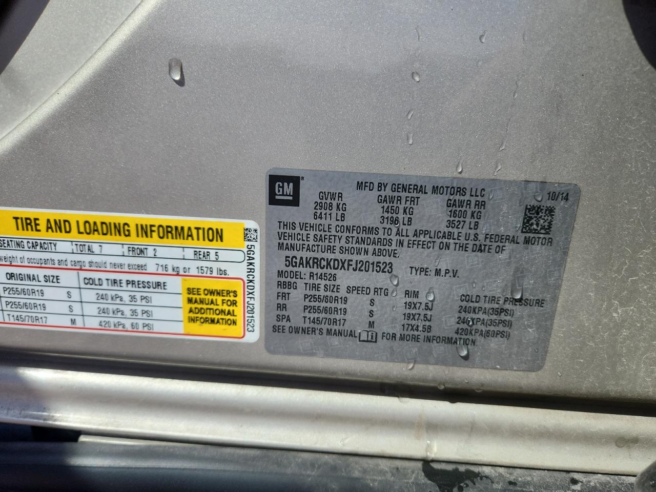 2015 Buick Enclave VIN: 5GAKRCKDXFJ201523 Lot: 80008965